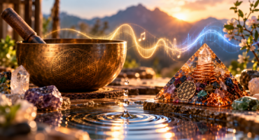 Onde sonore, acqua, campana tibetana e piramide orgonica rappresentano vibrazione e risonanza