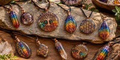 Gioielli in orgonite con cristalli, simboli e ciondoli artigianali