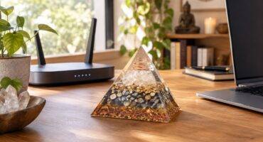 Orgonite vicino al Wi-Fi su una scrivania in uno studio domestico