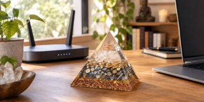 Orgonite vicino al Wi-Fi su una scrivania in uno studio domestico