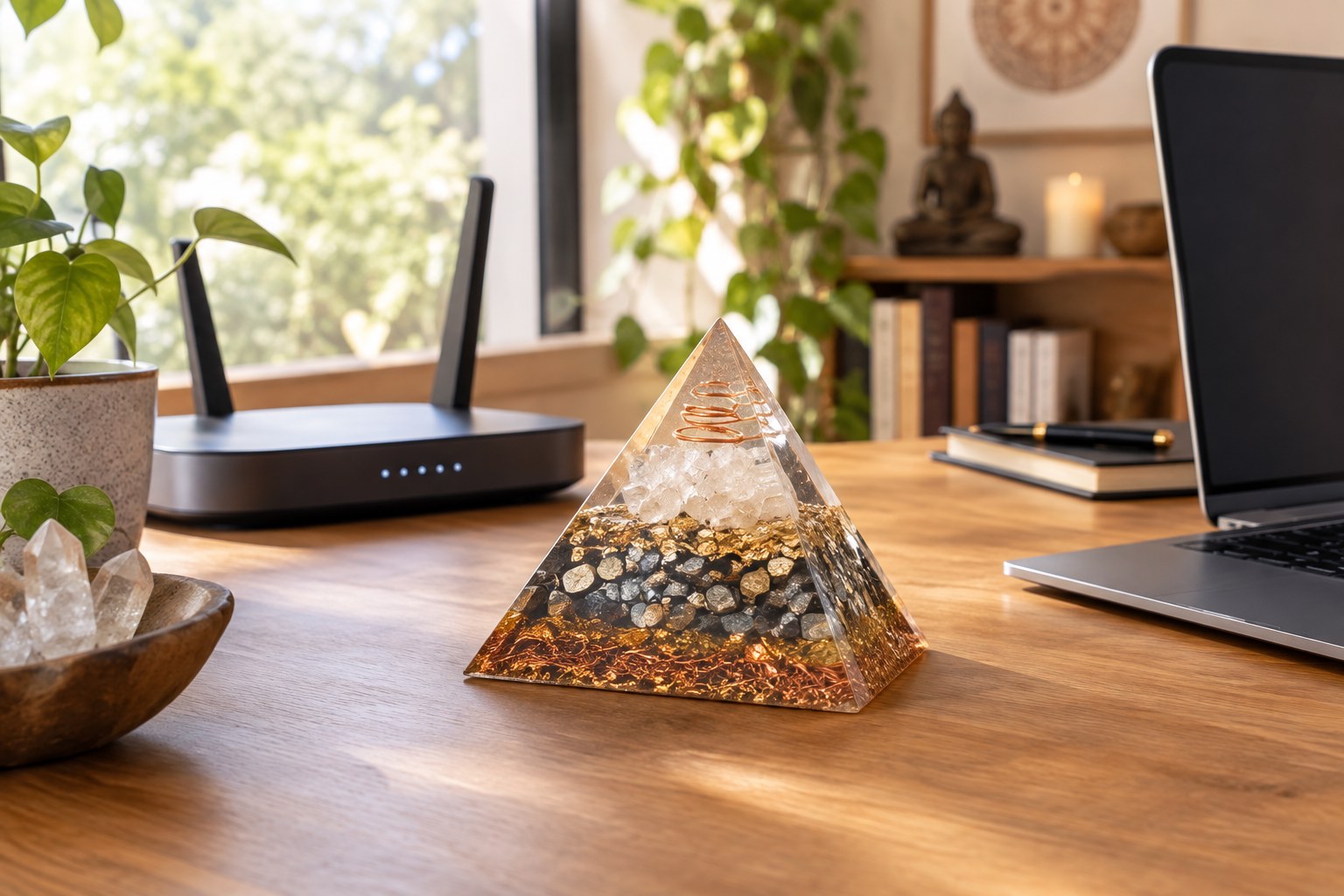 Orgonite vicino al Wi-Fi su una scrivania in uno studio domestico