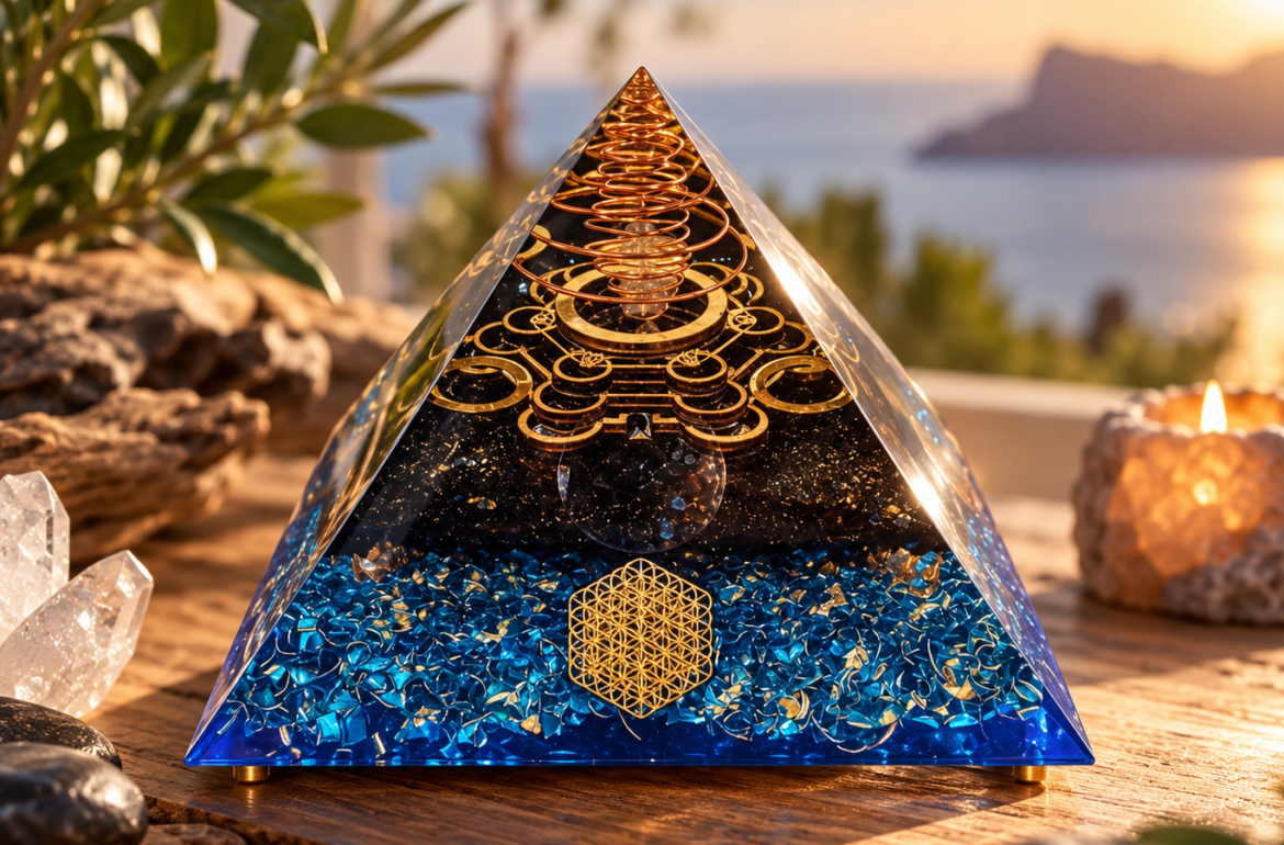 piramide orgonica in esposizione tra orgoniti