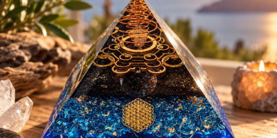 piramide orgonica in esposizione tra orgoniti