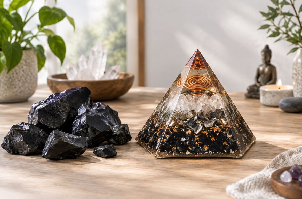 Shungite e orgonite affiancate in una composizione artigianale