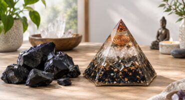 Shungite e orgonite affiancate in una composizione artigianale