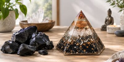 Shungite e orgonite affiancate in una composizione artigianale