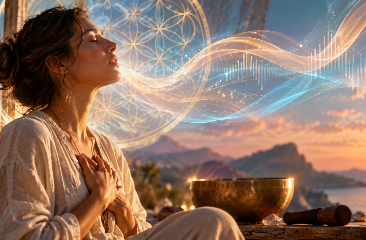 Donna in meditazione vocale con onde sonore luminose, geometrie simboliche e campana tibetana
