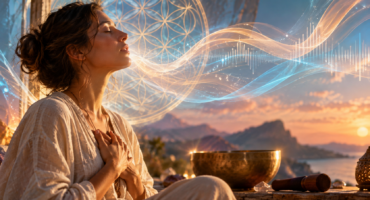 Donna in meditazione vocale con onde sonore luminose, geometrie simboliche e campana tibetana