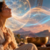 Donna in meditazione vocale con onde sonore luminose, geometrie simboliche e campana tibetana