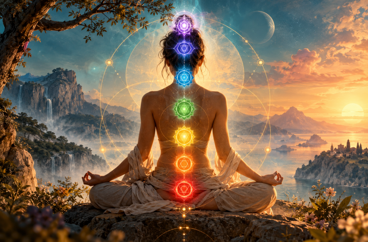 Persona in meditazione con sette chakra colorati in un paesaggio pittorico