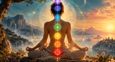 Persona in meditazione con sette chakra colorati in un paesaggio pittorico