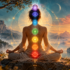 Persona in meditazione con sette chakra colorati in un paesaggio pittorico